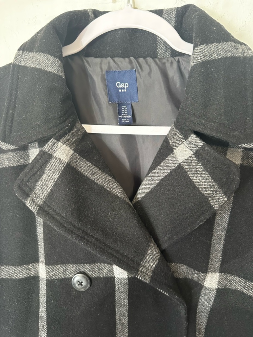 GAP Windowpane Plaid Wool Blend Double Breasted Peacoat Black Grey XL - Picture 3 of 6